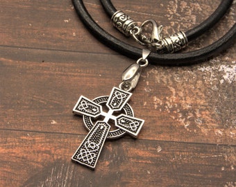 Celtic cross leather necklace, Viking jewelry, Mens gift idea under 50 dollars
