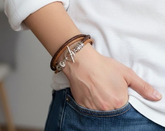 Double Wrap Leather Bracelet - Bohemian Chic Braided Brown Leather Bracelet – Handmade Stylish Jewelry – Birthday Gift for her