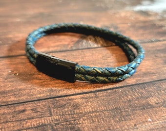 Bracelet cuir bleu, cadeau pour lui, bracelet double cordon, idée originale pour mon témoin de mariage, cadeau d'anniversaire pour mon frere