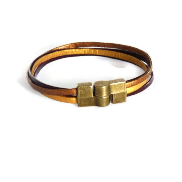 Golden and brown leather bracelet under 20 dollars handmade