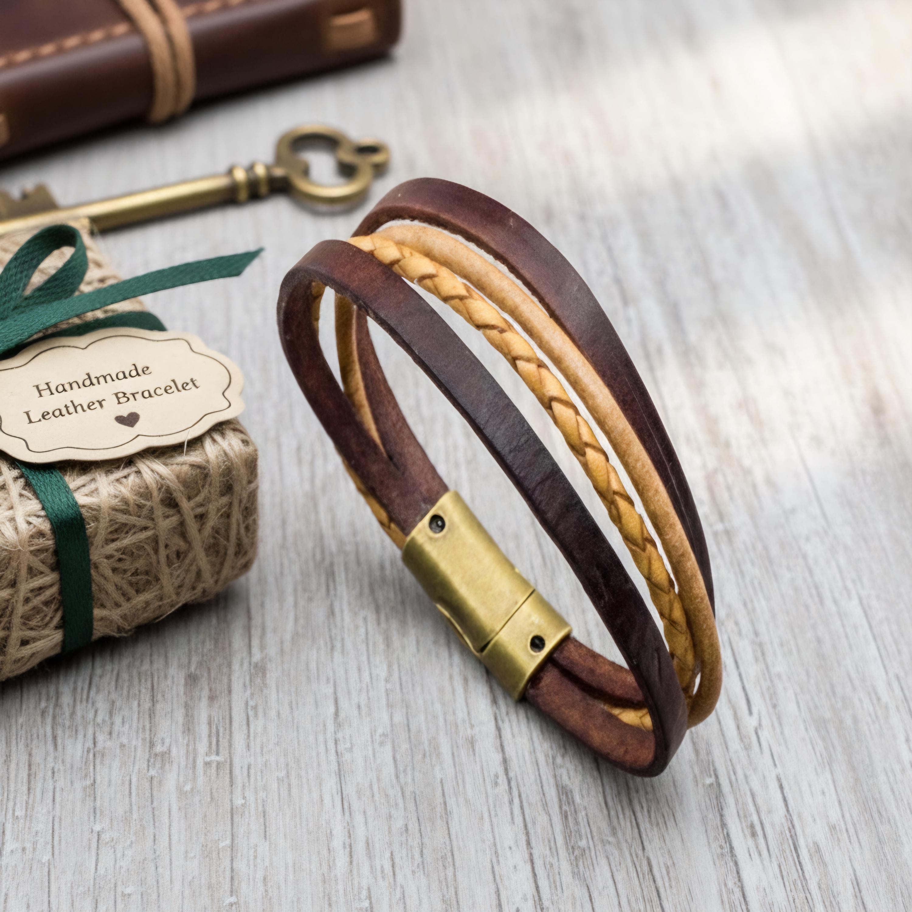 Bracelet jonc en cuir marron, bracelets en cuir pour femme