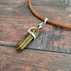 Crystal necklace, gemstone necklace, leather and tiger eye necklace, Yoga healing gemstone pendant, necklace gender neutral