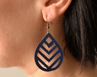 Navy chevrons leather earrings, geometric earrings, lightweight jewelry, gift idea for her under 30 dollars