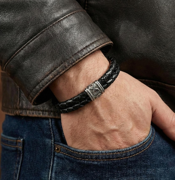 Bracelet cuir homme AUSTIN - bijoux double rang tresse fait main idée cadeau pour papa