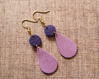 Leather pendant earrings, purple teardrop shaped earrings, nice modern earrings, gift idea for mom