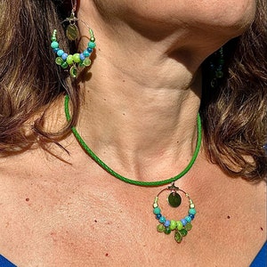 Boho necklace and earrings for women, leather and stainless steel matching set, beaded earrings and necklace, jewelry gift idea for her