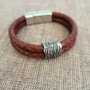 Leather bracelet for men, double braided armband, fashion handmade stainless steel jewelry, trendy gift ideas for husband under 50 dollars