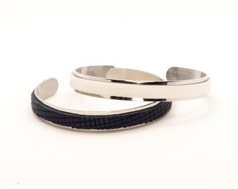 Bangle bracelet stainless steel and leather, gender neutral handmade jewelry available in three different colors, under 30 dollars