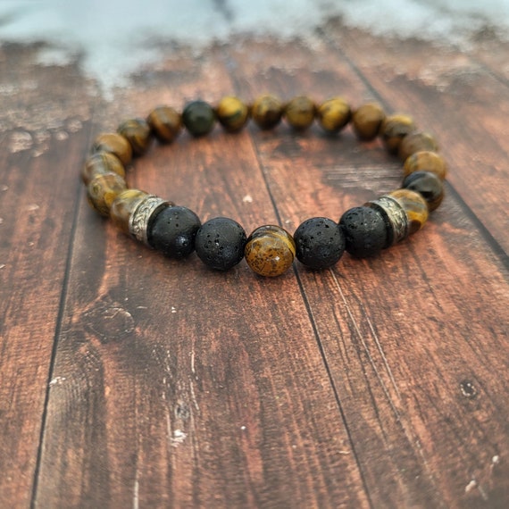 Handmade Tiger Eye and Lava Stone Beaded Bracelet Unique and