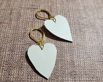 White heart leather earrings, dangling leather earrings, handmade jewelry from France under 20 dollars, gift idea for mom