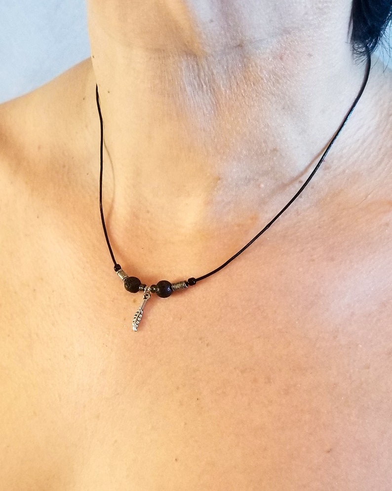 Black leather necklace for her or him minimal styled