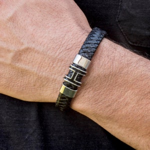 Leather bracelet black, stainless steel fashion jewelry, gift for husband on our anniversary