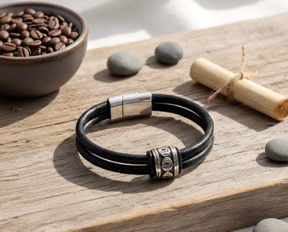 Bracelet homme cuir, bijou double lien tressé noir avec rune celtique, idée cadeau Fête des Pères