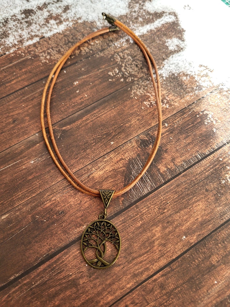 Tree of life necklace, yggdrasil jewelry, leather necklace, couple gift idea Tan
