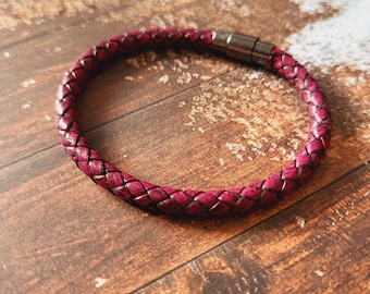 Braided leather bracelet, rose red vintage bracelet, women jewelry, gift idea under 30 dollars