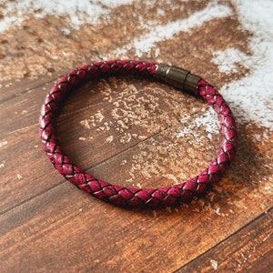 Braided leather bracelet, men women handmade jewelry, gift idea for wedding anniversary under 30 dollars Rose fuschia