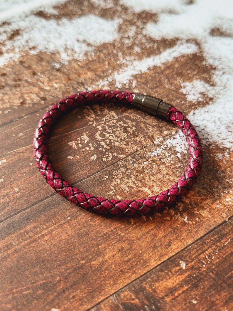 Braided leather bracelet, men women handmade jewelry, gift idea for wedding anniversary under 30 dollars Rose fuschia