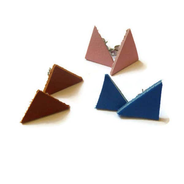 Minimal earrings, Triangles leather stud, gift idea for women