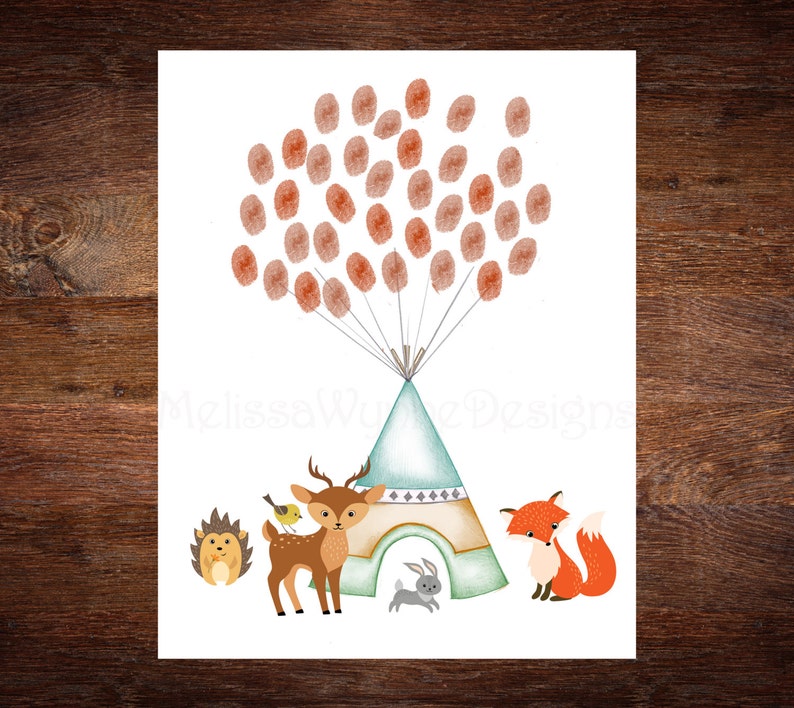 11x14 or 13x19 Woodland Creatures Teepee Thumbprint Guest Book for rustic Nursery