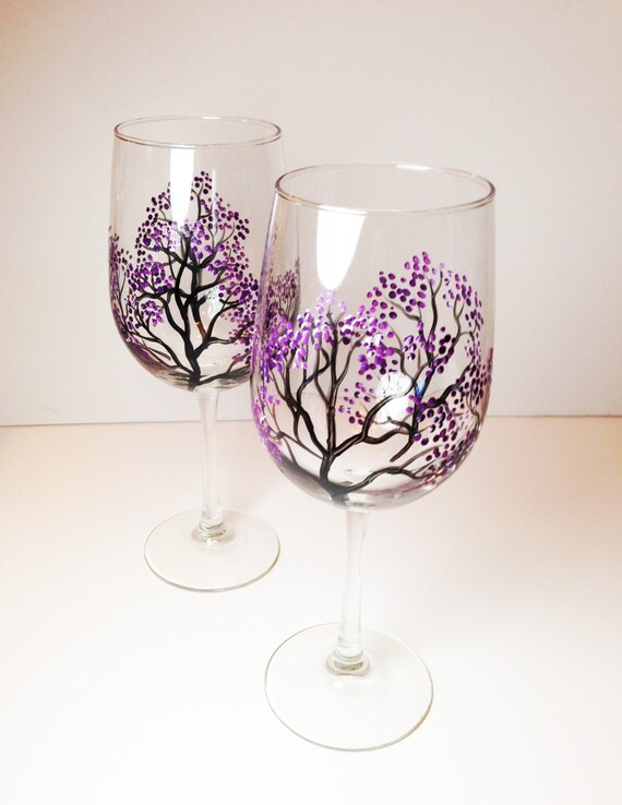 Hand Painted Wine Glasses Set of 2 Blooming Trees, Purple Wine Glasses or  Choose Your Color 