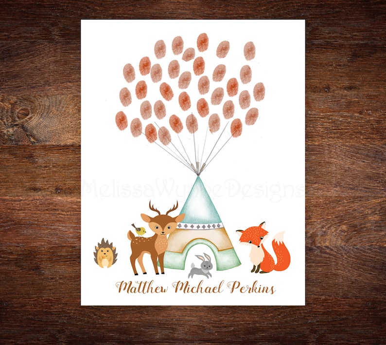 11x14 or 13x19 Woodland Creatures Teepee Thumbprint Guest Book for rustic Nursery