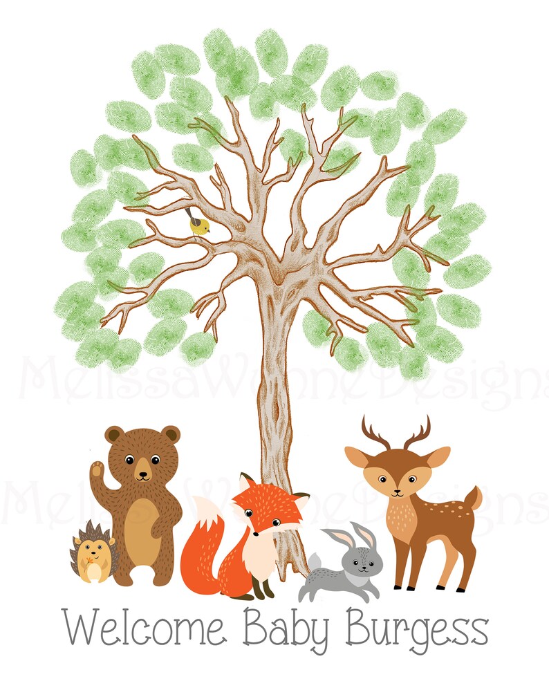 Fine Art Paper kp19 Thumbprint Tree Guest Record for Woodland Nursery Woodland Creatures Baby Shower Nursery Art Memorabilia