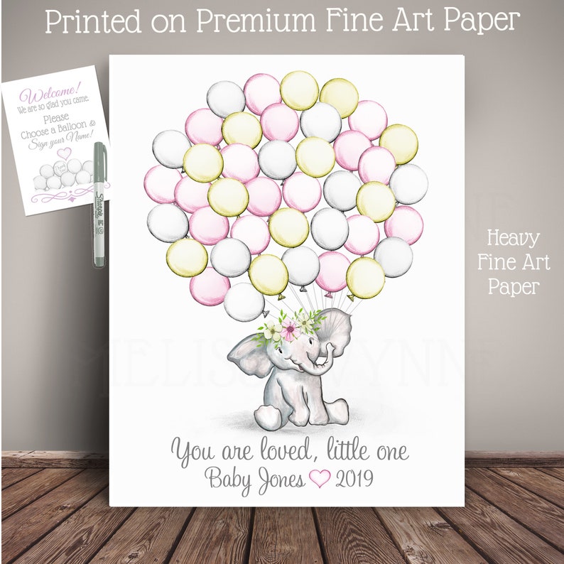 Balloon Sign In wce-pnkyl-bl-fl Pink and Yellow Elephant Baby Shower Guest Book Alternative Birthday Baby Shower
