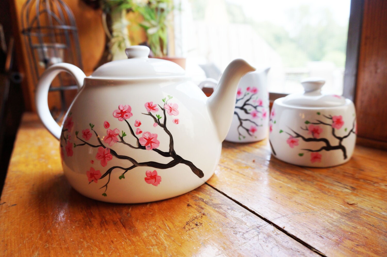 Cherry Blossom Tea Set Teapot Sugar and Cream Hand Painted Etsy