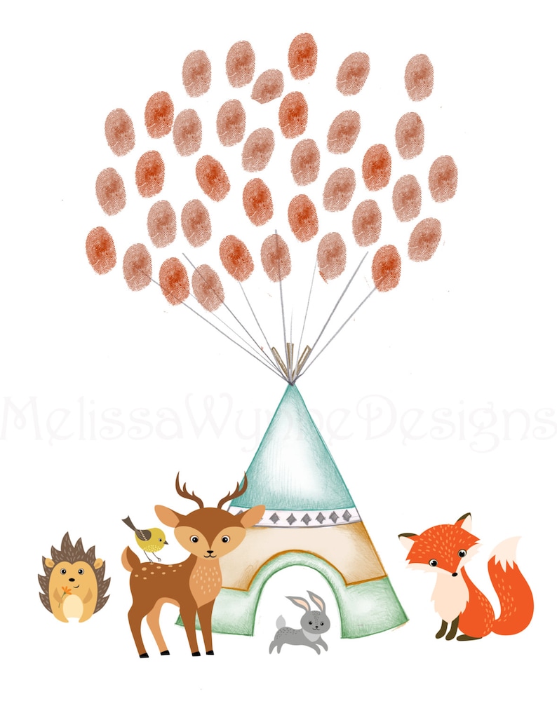 11x14 or 13x19 Woodland Creatures Teepee Thumbprint Guest Book for rustic Nursery