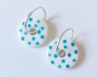 Porcelain Ceramic Earrings handmade Sterling Silver Hoops blue dots