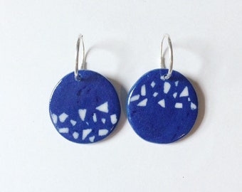 Ceramic Earrings handmade Cobalt blue and white terrazzo pattern sterling silver hoops