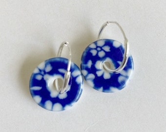 Cobalt Blue Porcelain Ceramic Earrings with Sterling Silver Hoops!