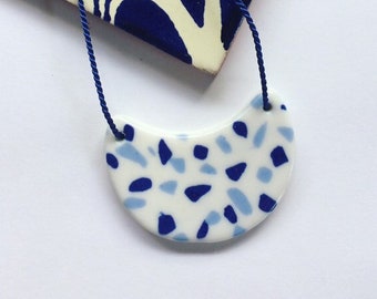 Ceramic necklace pendant porcelain handmade terrazzo pattern cobalt blue