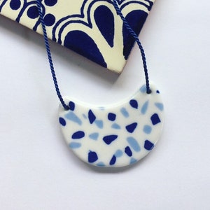 Ceramic necklace pendant porcelain handmade terrazzo pattern cobalt blue