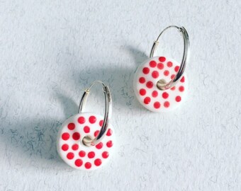 Porcelain Ceramic Earrings handmade red dots Sterling Silver Hoops