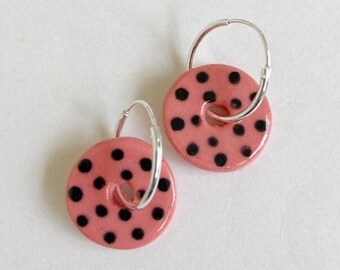 Peach Pink Coloured Porcelain Ceramic Earrings with Sterling Silver Hoops!