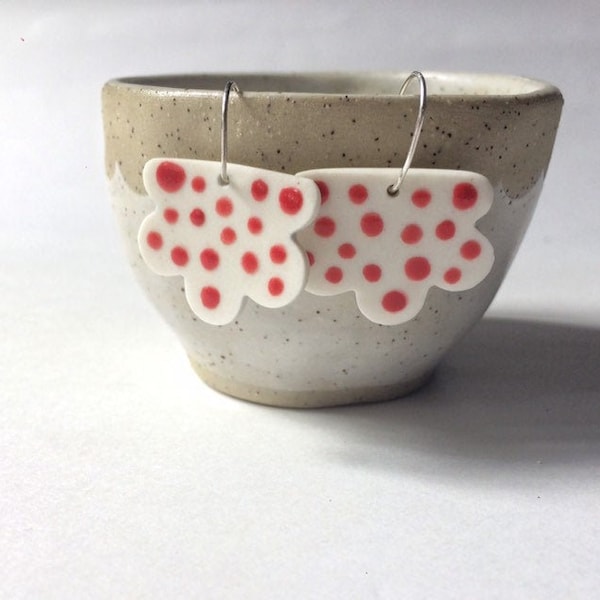 Ceramic Earrings handmade porcelain earrings flower earrings red dots sterling silver