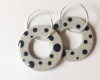 Ceramic Earrings handmade earthy bohemian dots sterling silver hoops