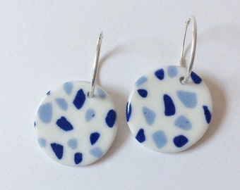 Ceramic Earrings handmade terrazzo pattern cobalt blue sterling silver hoops