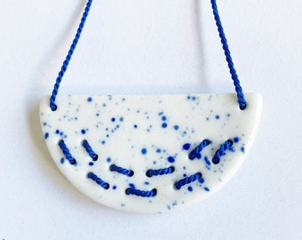 Porcelain Pendant Ceramic Woven Necklace blue paint splatter design handmade