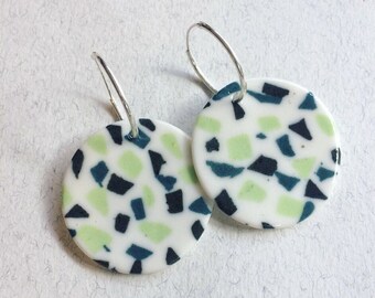 Ceramic Earrings handmade porcelain earrings terrazzo pattern sterling silver hoops shades of green