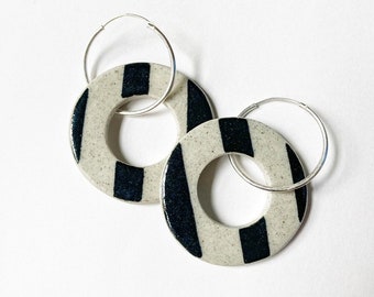 Ceramic Earrings earthy handmade sterling silver hoops circle earrings black contemporary