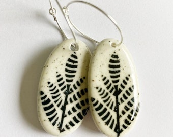 Leafy ceramic earrings with sterling silver hoops