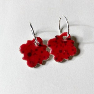 Moroccan tile red ceramic earrings, sterling silver hoops,
