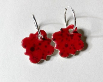 Moroccan tile red ceramic earrings, sterling silver hoops,