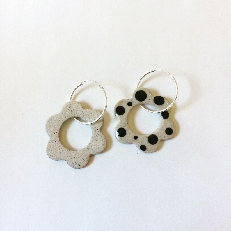 Ceramic Earrings handmade flower earrings earthy bohemian dots sterling silver hoops image 3