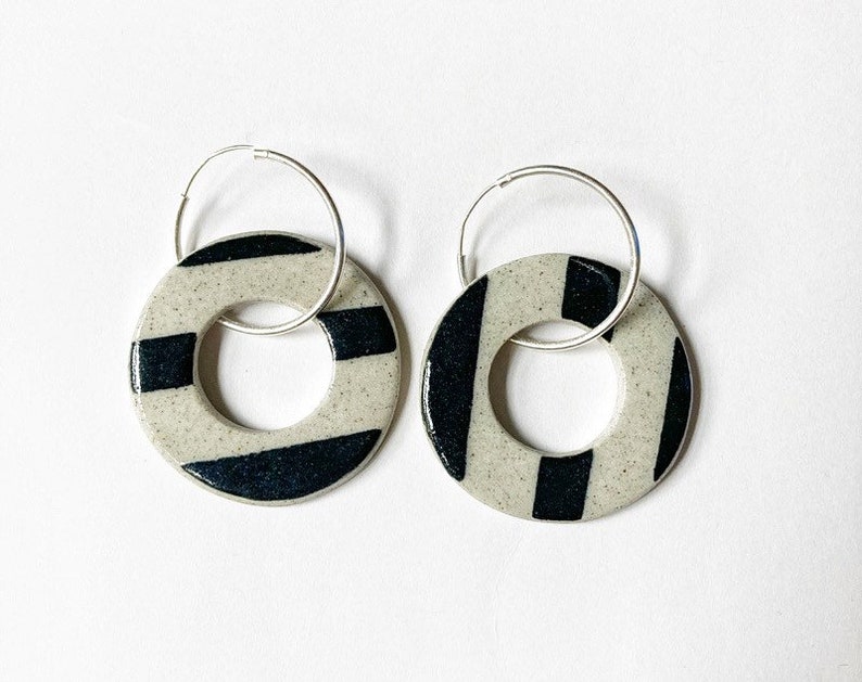 Ceramic Earrings earthy handmade sterling silver hoops circle earrings black contemporary image 3