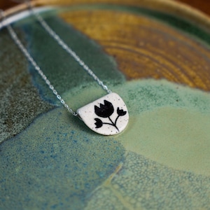 Ceramic flower necklace pendant handmade with Sterling Silver chain