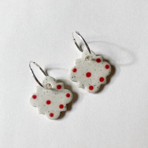 Moroccan tile red dot ceramic earrings, sterling silver hoops