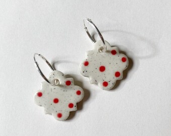 Moroccan tile red dot ceramic earrings, sterling silver hoops